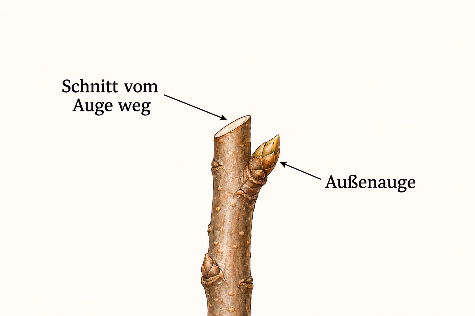 Apfeltrieb mit Außenauge rechts; die Schnittfläche darüber fällt nach links, von der Knospe weg, ab.