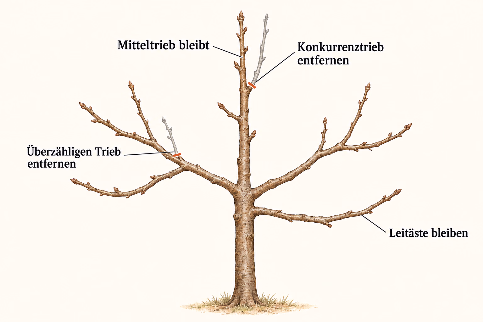 Junge Apfelkrone mit bleibendem Mitteltrieb und Leitästen; ein Konkurrenztrieb und ein überzähliger Seitentrieb sind blass und am Ansatz zum Entfernen markiert.