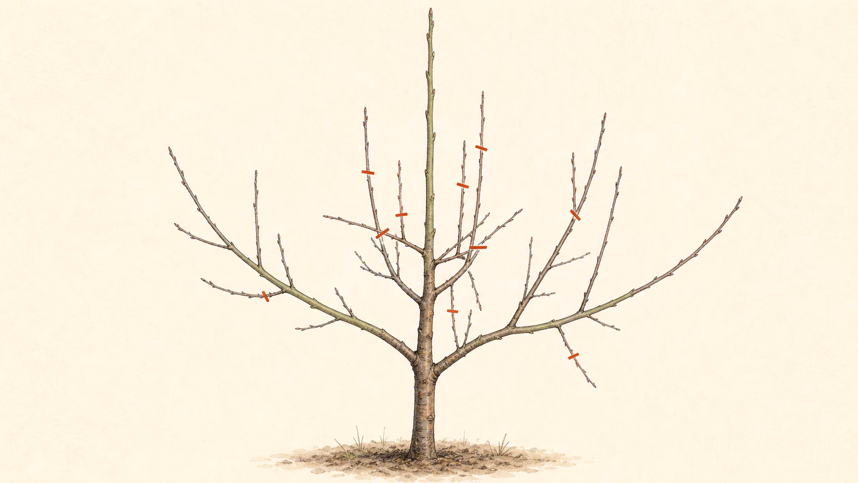 Schnitt-Illustration: junger Apfelbaum im Winter mit Mitteltrieb, drei gut verteilten Leitästen und roten Schnittmarken an Konkurrenz- und Innenästen.