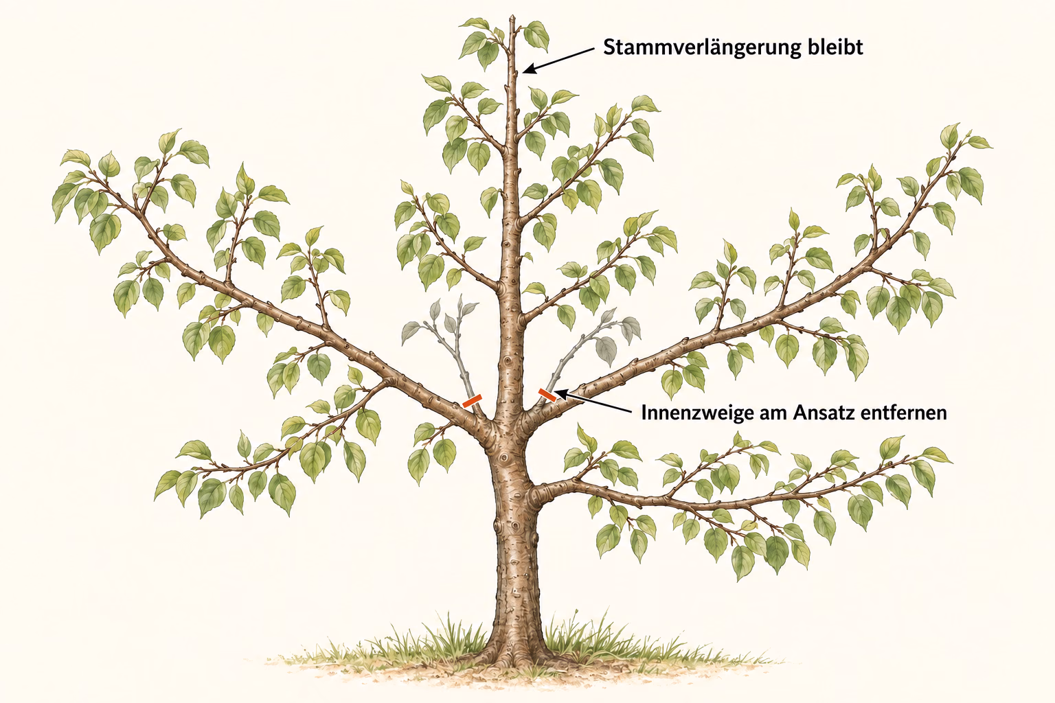 Aprikosenkrone nach der Ernte mit durchgehender Stammverlängerung; zwei blasse Innenzweige sind nahe ihrem Ansatz markiert, die Gerüstäste bleiben erhalten.