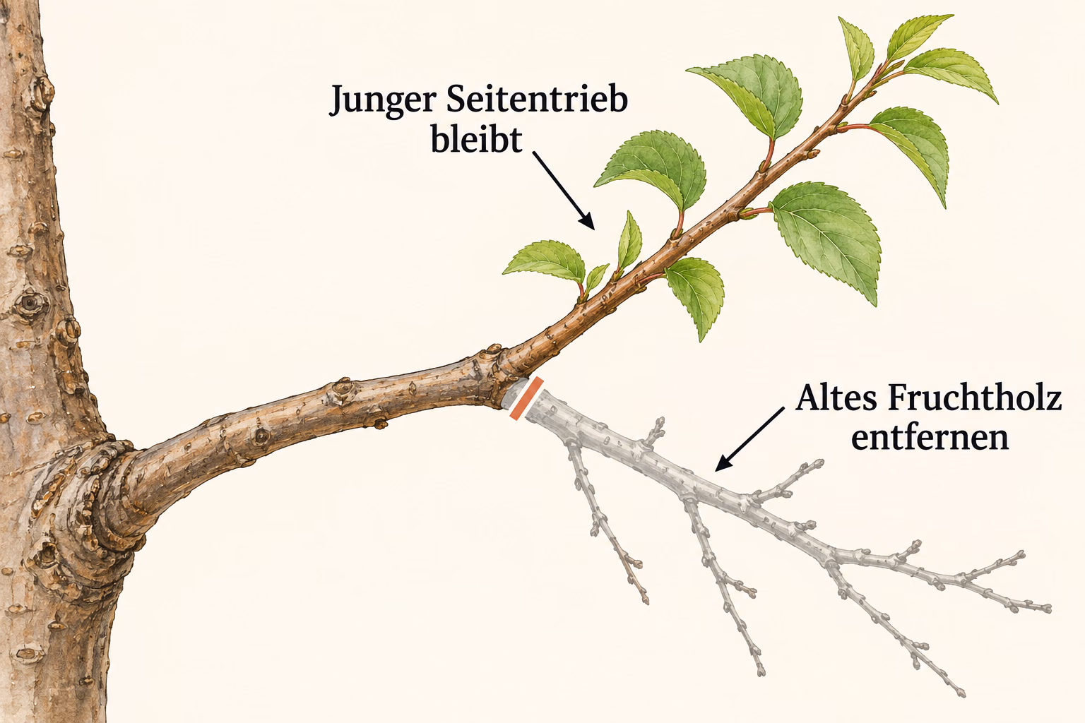 Aprikosenast mit jungem, belaubtem Seitentrieb nach rechts oben; nur die alte Fortsetzung rechts darunter wird hinter der Verzweigung entfernt.