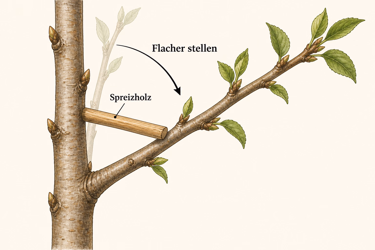 Ein Spreizholz sitzt oberhalb der Astgabel zwischen Birnenstamm und Seitenast und drückt den jungen Ast nach außen; die frühere steile Stellung ist blass angedeutet.
