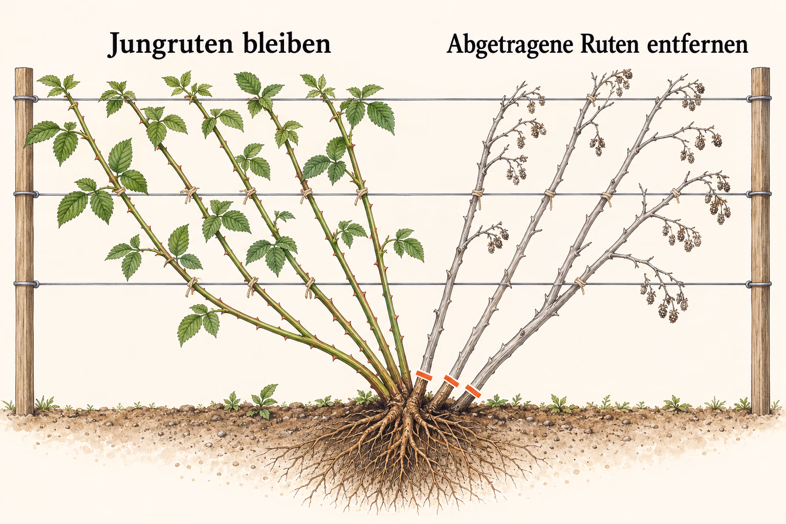 Eine Brombeerpflanze am Spalier: grüne Jungruten links und grau dargestellte abgetragene Ruten rechts entspringen derselben Basis; nur die alten Ruten sind bodennah markiert.