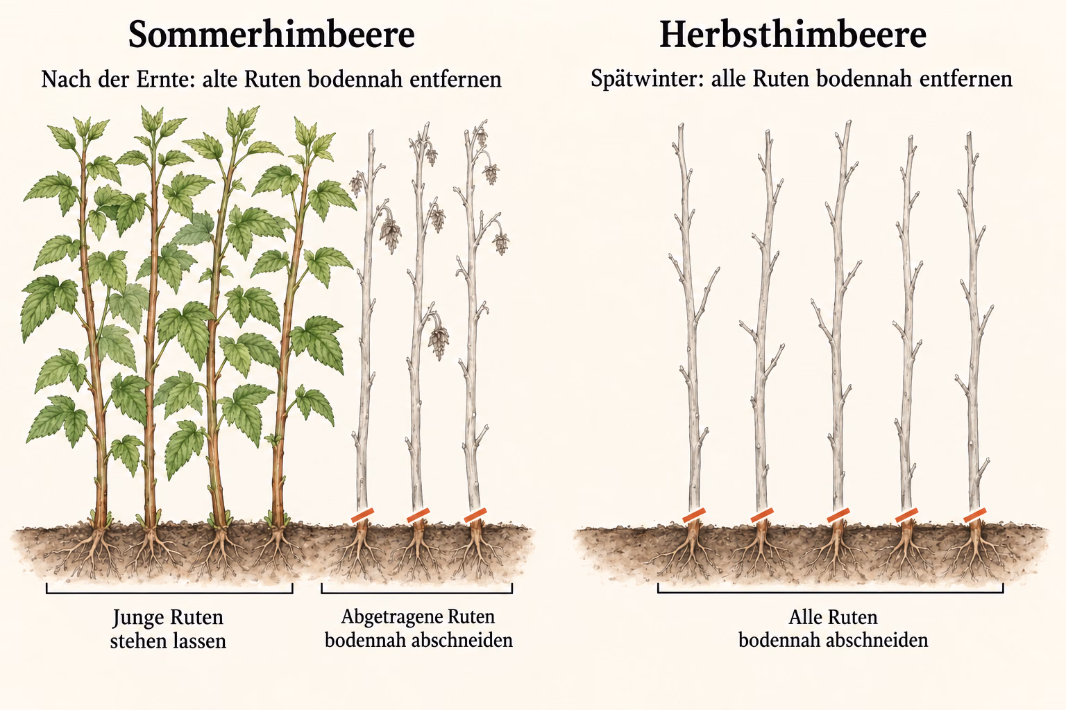 Links Sommerhimbeeren: Jungruten bleiben, abgetragene Ruten werden bodennah abgeschnitten. Rechts Herbsthimbeeren: Im Spätwinter werden für die Einerntekultur alle Ruten bodennah entfernt.