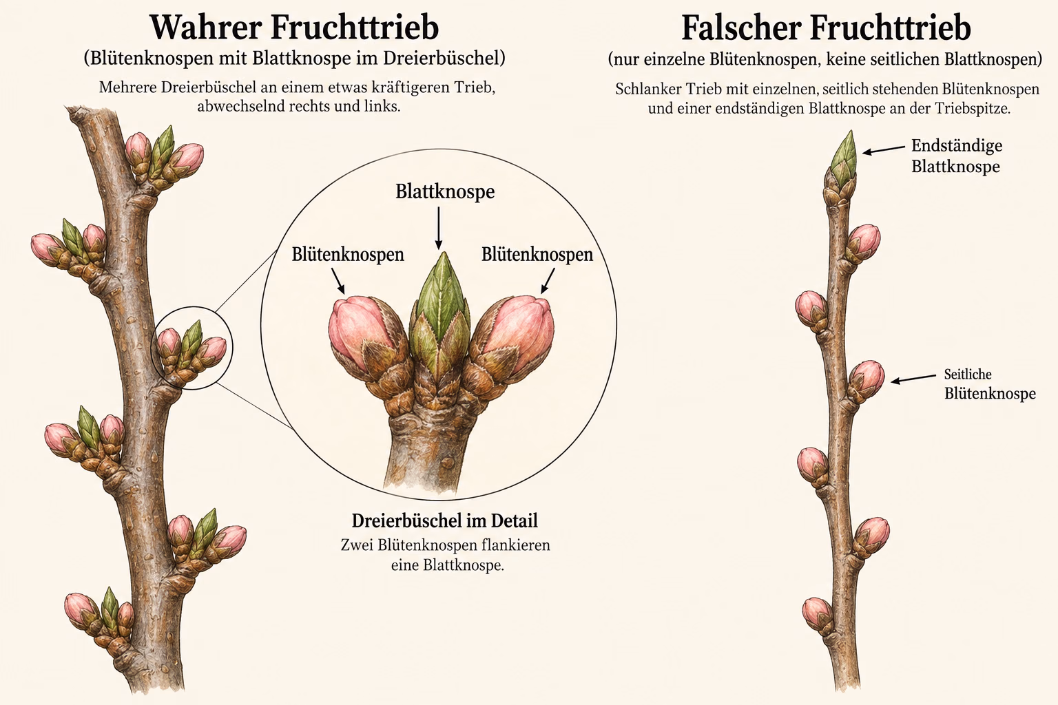 Pfirsichknospen im Vergleich: links wahre Fruchttriebe mit zwei runden Blütenknospen neben einer spitzen Blattknospe, zusätzlich vergrößert; rechts falscher Fruchttrieb mit seitlichen Blütenknospen und einer Blattknospe an der Spitze.