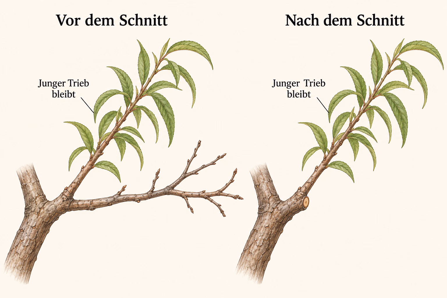 Derselbe Pfirsichast vor und nach der Ableitung auf einen bereits vorhandenen jungen, belaubten Seitentrieb; die alte kahle Fortsetzung ist rechts entfernt.