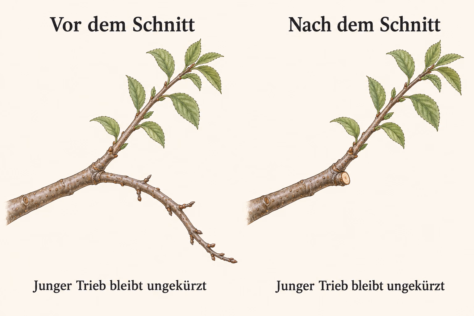 Derselbe Sauerkirschast vor und nach der Ableitung: Die alte herabhängende Fortsetzung entfällt; der bereits vorhandene junge Seitentrieb bleibt in beiden Bildern gleich lang und belaubt.