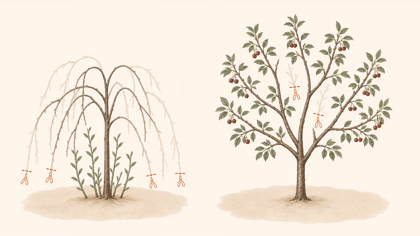 Vergleich zweier Sauerkirschen: links ein schwacher, überhängender Baum mit Schnittstellen an den Hängetrieben, rechts ein aufrechter Baum mit offener, fruchtender Krone.