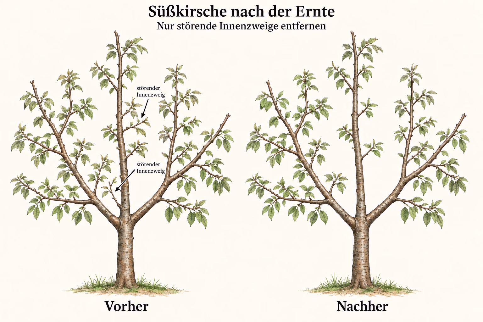 Dieselbe Süßkirschkrone vor und nach maßvollem Auslichten: Zwei kleine Innenzweige fehlen rechts, Mitteltrieb, Gerüstäste und die übrige Belaubung bleiben erhalten.