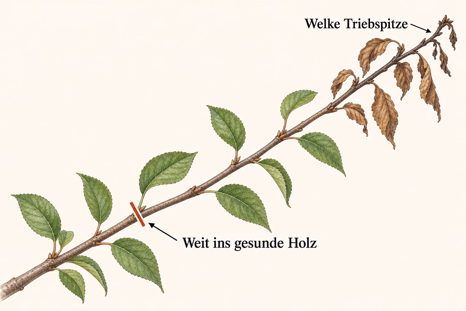 Kirschtrieb mit welker Spitze; zwischen der Schnittmarke im gesunden unteren Bereich und den welken Blättern bleibt ein deutliches Stück gesunden Holzes.