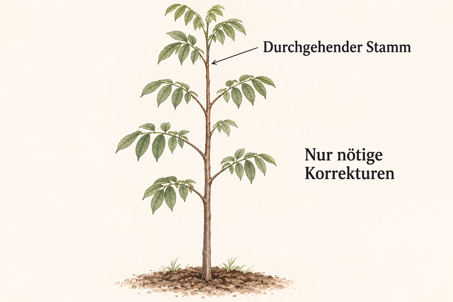 Junger Walnuss-Heister mit durchgehendem Stamm und gefiederten Blättern, ohne pauschale Schnittmarken.