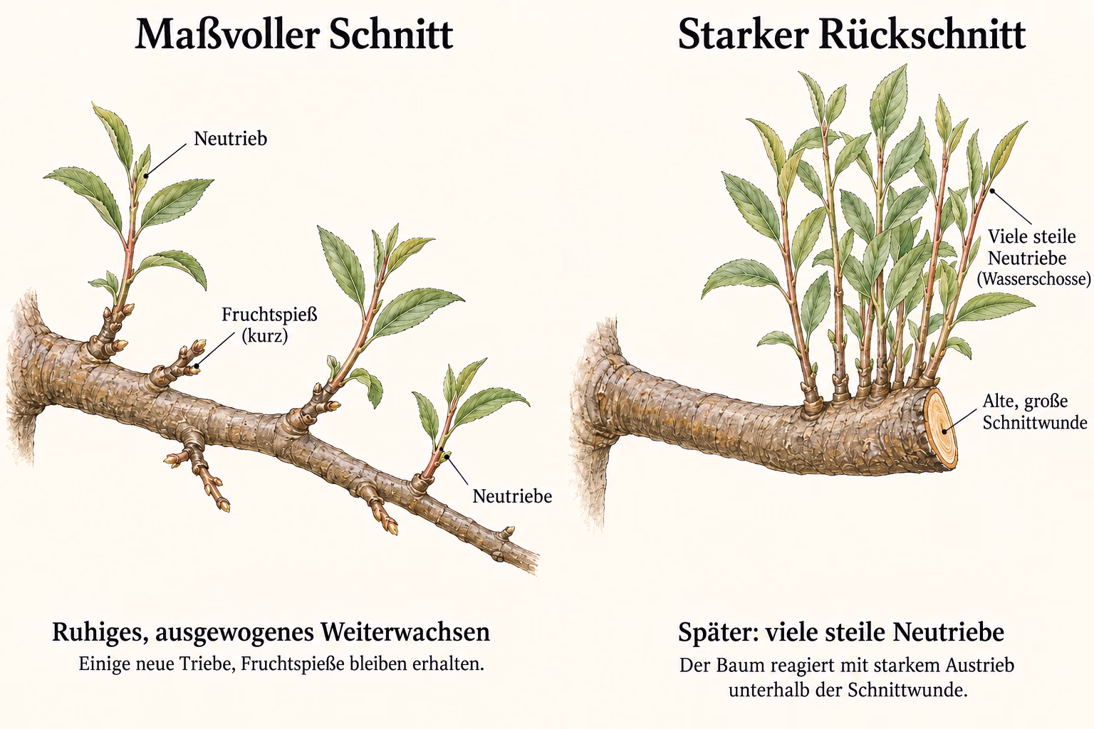 Vergleich der späteren Schnittreaktion: links wenige verteilte Neutriebe und kurze Fruchtspieße, rechts viele steile Wasserschosse unterhalb einer früheren großen Schnittwunde.